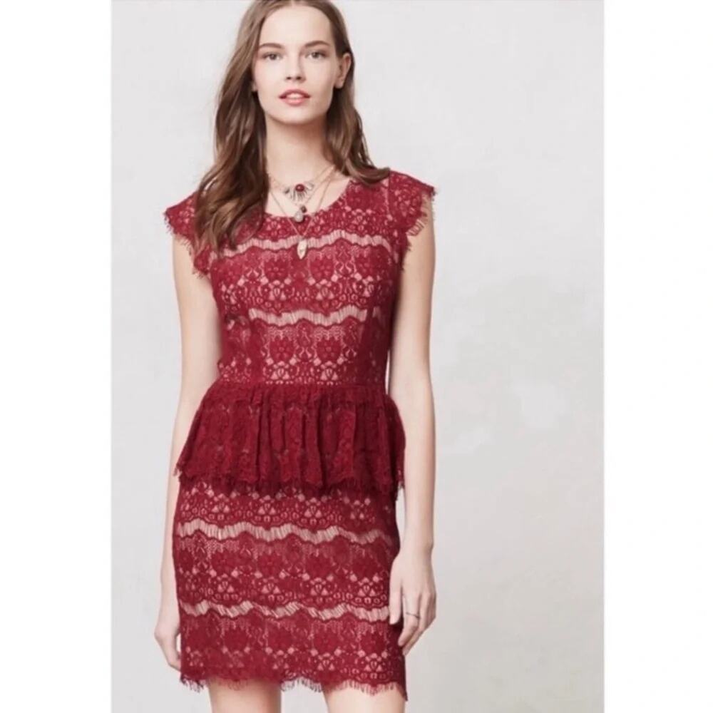 Anthropologie Maeve Elsa Burgundy Red Lace Peplum Sheath Cap Sleeve Dress Sz L